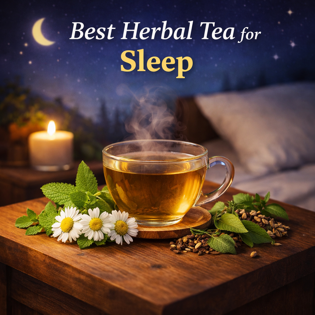 best herbal tea for sleep with chamomile tulsi brahmi jasime ingredients warm night time setup